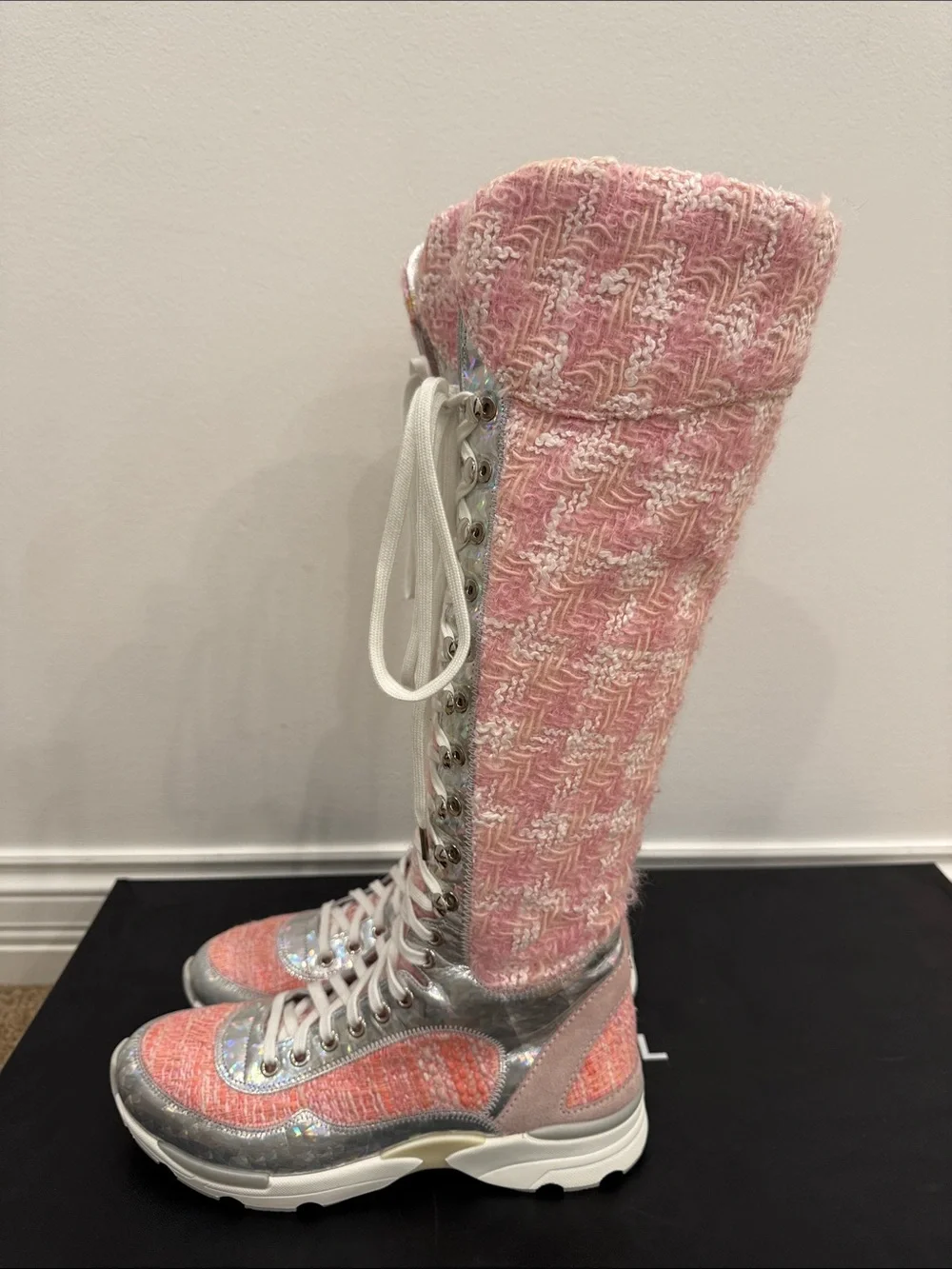 CHANEL Runway 2014 Paris Supermarket Pink Tweed Knee High Boots 37 Rare